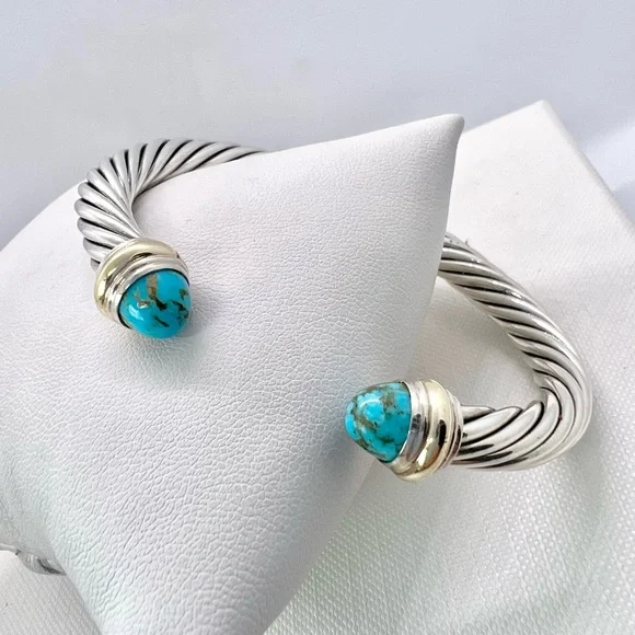 David Yurman Sterling Silver & 14K Gold Turquoise Cable Bracelet - Picture 13 of 14
